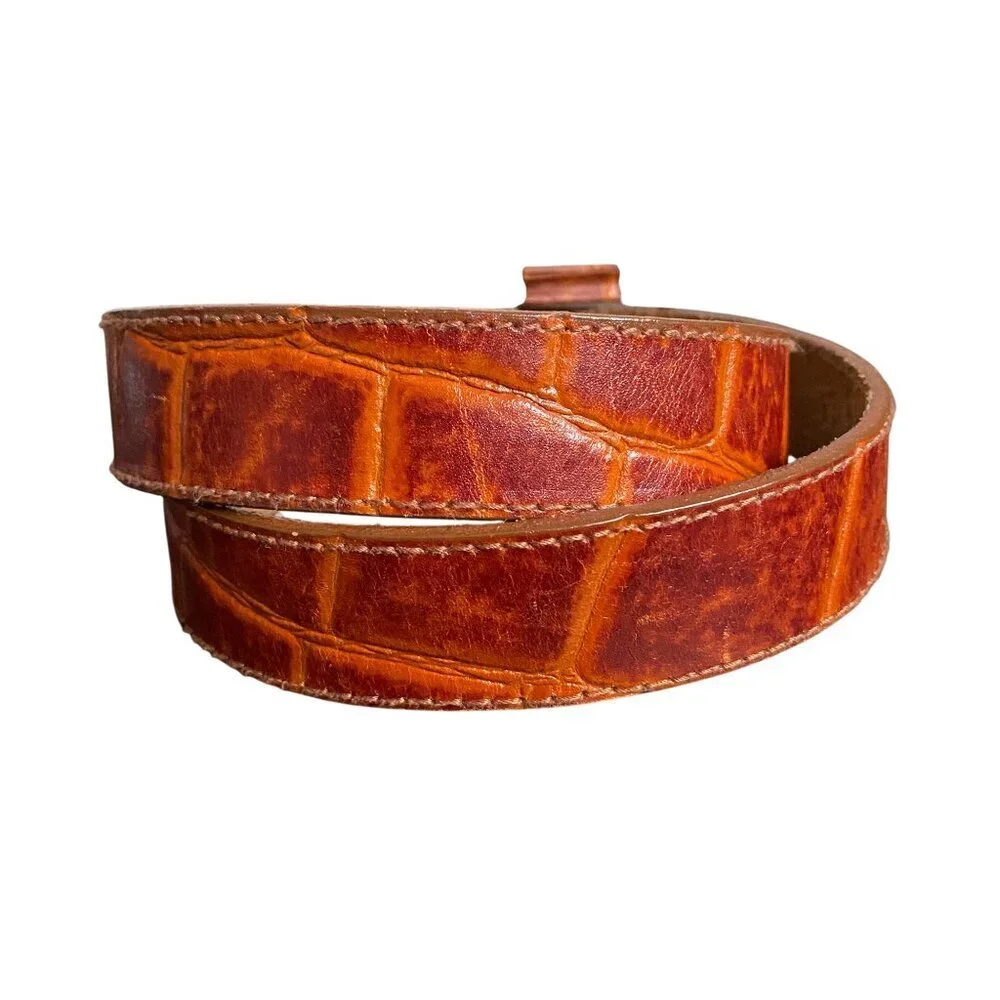 Vintage 90s Express Embossed Brown Leather Croc Belt Brass Buckle - Size Medium